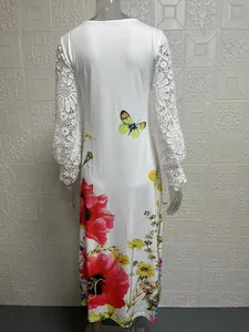 Detailed back view of women's floral print white dress with crochet lace sleeves