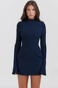 Elegant navy blue long-sleeved bodycon mini dress with high neck and stylish bell cuffs