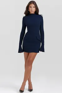 Elegant navy blue long-sleeved mini dress with mock neck and slim fit silhouette
