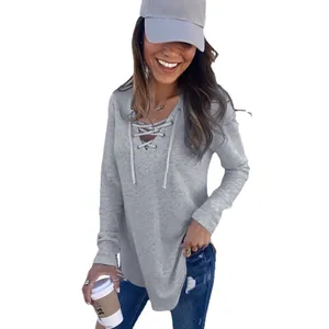 Women's grey V-neck lace-up long sleeve T-shirt with casual fit for autumn and winter wear.