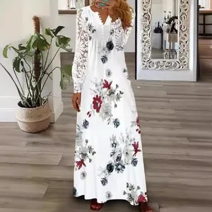 Elegant white floral print maxi dress with delicate lace long sleeves and V-neckline