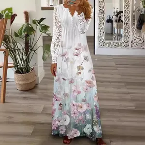 Bohemian floral print maxi dress with elegant white lace sleeves and buttoned V-neckline