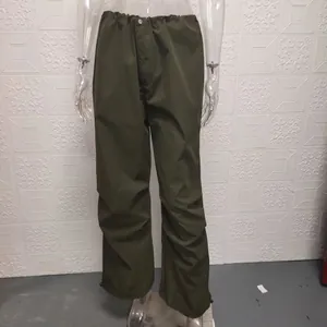 Front view of olive green wide-leg cargo pants on a transparent mannequin