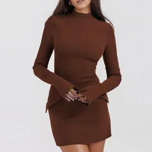 Elegant brown slim fit long sleeve mini dress with high neck and waist detail design