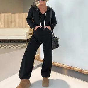 Damen Kapuzen Jumpsuit Langarm Lässig Einfarbig Sweatshirt Jumpsuit Mit Taschen Mode Bequem Top And Bottom Winter