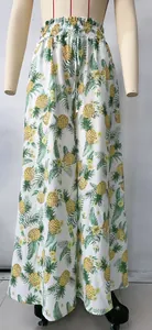 Pantalón de pierna ancha y tiro alto para mujer con estampado de piña tropical y cordón
