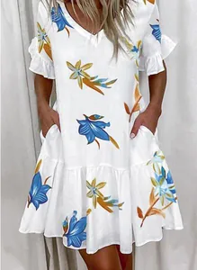 Short summer V-neck dress featuring blue leaf floral print and ruffle sleeve details