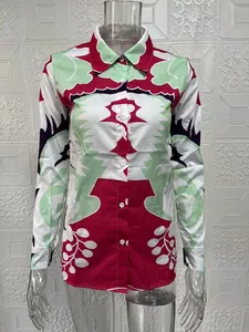 Front view of women's long-sleeved shirt with colorful geometric print on mannequin.