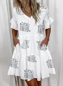 Stylish white short V-neck summer dress featuring script print ruffles and functional pockets