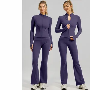 Damen Maillard Stil Yoga-Set Naked-Feel Sportliches Trainingsanzug Schlankmachende Schlaghose Und Jacke Mit Reißverschluss Top And Bottom