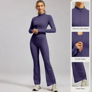 Lila Damen Yoga-Set mit eng anliegender Stehkragen-Jacke und Schlaghose für Fitness