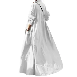Loose white long-sleeved maxi dress in vintage cotton linen style for autumn winter