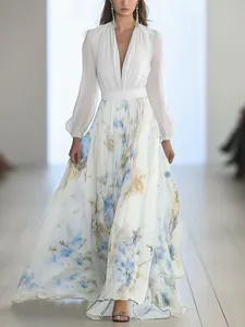 Women's V-Neck Long Sleeve Botanical Floral Print Patchwork Maxi Dress Elegant Casual A-Line Dress for Vacation Party