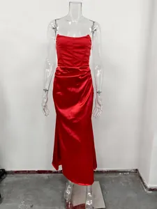 Full-length view of a red strapless satin evening gown displayed on a clear mannequin.