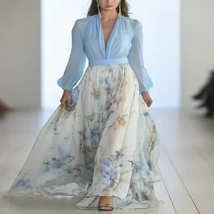 Elegant V-neck long sleeve floral maxi dress with light blue patchwork for women