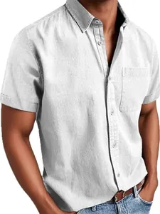 Herren Casual Kurzarm Hemd Einfarbig Umlegekragen Button Down Hemd Mit Tasche Sommer Reguläre Passform Polyester Top