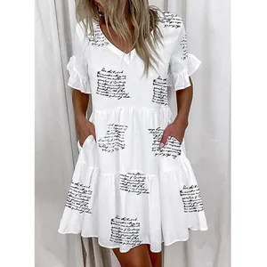 Summer white V-neck short dress with cursive script print and side pockets