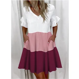 Summer fashion V-neck short sleeve tiered color block mini dress with functional pockets