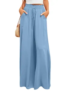 Elegantes pantalones anchos azul claro con cintura alta y cordón ajustable para mujer