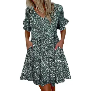 Elegant green floral V-neck summer dress with ruffle sleeves and pockets for women
