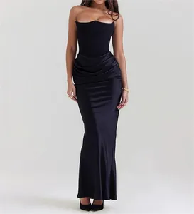 Elegant black strapless evening maxi dress with sophisticated waist draping and a slim fit