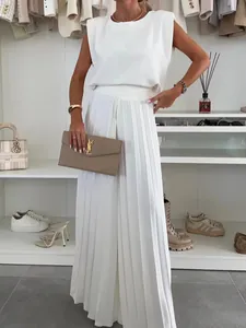 Women Elegant Solid Color Pleated Top And Bottom Set Round Neck Sleeveless Top And High Waist Wide Leg Pants Polyester Outfit