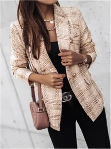 Veste blazer croisée élégante à carreaux beiges pour la mode automnale féminine