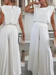 Elegant white two-piece set with sleeveless round neck top and pleated wide-leg pants