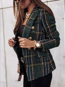 Élégant blazer en tweed à carreaux vert foncé avec boutons dorés pour les femmes