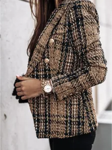Élégant blazer en tweed croisé à carreaux marron pour la mode automnale féminine