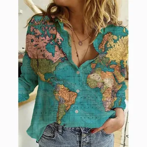 Chic women's long sleeve blouse featuring a vibrant blue world map print for autumn.