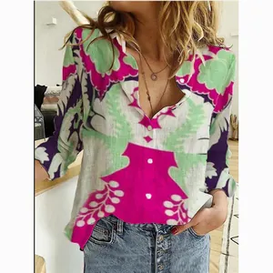 Bohemian style colorful printed long sleeve button-up blouse for women's autumn fashion