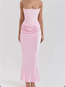 Elegant pink strapless corset evening maxi dress with a sophisticated draped skirt