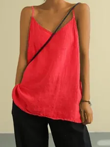 Canotta estiva ampia in cotone e lino con scollo a V per donna in colore rosso vivace