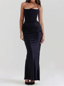 Elegant black strapless evening dress with ruched waist and floor-length satin skirt
