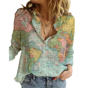 Vintage style world map print long sleeve shirt for women casual v-neck button up blouse