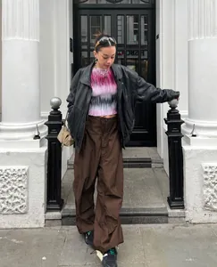 Oversized brown low-waist wide-leg cargo pants with adjustable drawstring for women