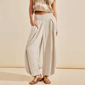 Boho στυλ βαμβακερή παντελόνα με ψηλή μέση και λεπτομέρειες σφηκοφωλιάς στη μέση