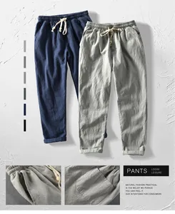 Detailansicht der atmungsaktiven Baumwoll-Leinenhose mit Kordelzug und Taschenstruktur