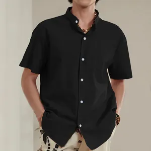 Front view of men's black cotton linen casual shirt with stand collar and pocket