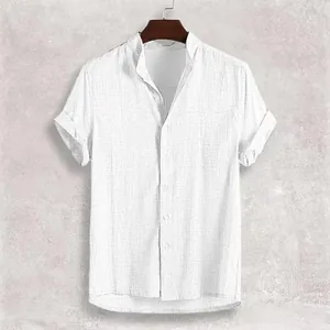 Camicia casual estiva da uomo in cotone e lino a maniche corte con colletto alla coreana