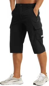Detailed view of men's black breathable cargo shorts for casual summer sports wear.
