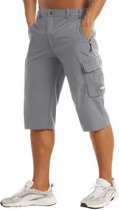Detailed view of grey cargo shorts for men with side pockets and breathable fabric