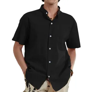 Men's summer black cotton linen shirt with mandarin collar and short sleeves