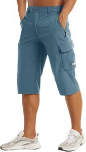 Close-up showing the detail and fit of breathable blue men's cargo shorts for summer