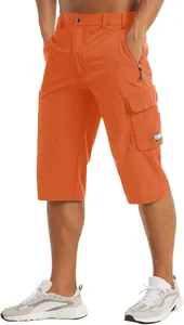 Breathable orange men's cargo shorts with multiple pockets for summer leisure activities