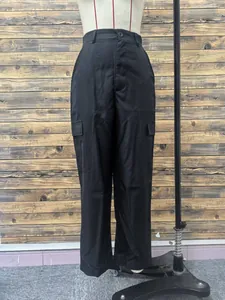 Full-length front view of black high-waisted women's multi-pocket cargo pants
