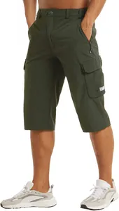 Detail view of men's breathable olive green cargo shorts with large side pockets for summer