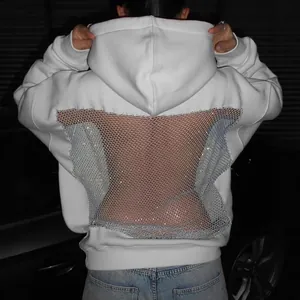 Damen American Street Style Rücken Mesh Strass Ajouré Kapuzenpullover Langarm Pullover Lose Hoodie Casual Top