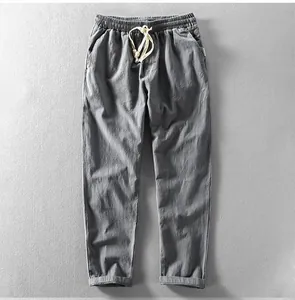 Lässige Herrenhose aus grauem Leinen-Baumwoll-Mix mit Kordelzug und weitem Schnitt